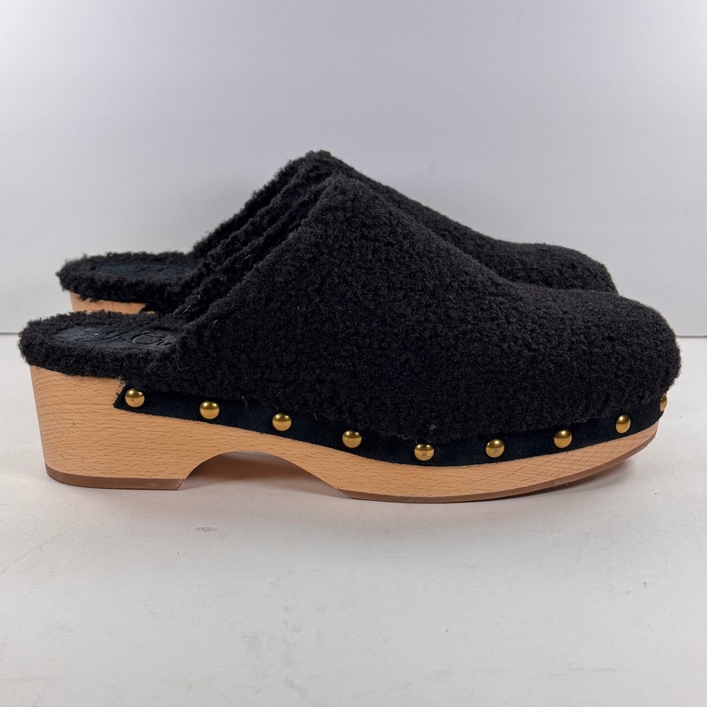 J.Crew Sherpa Wooden Clogs Black Faux Fur Studded Mules BD337 Mens 8.5